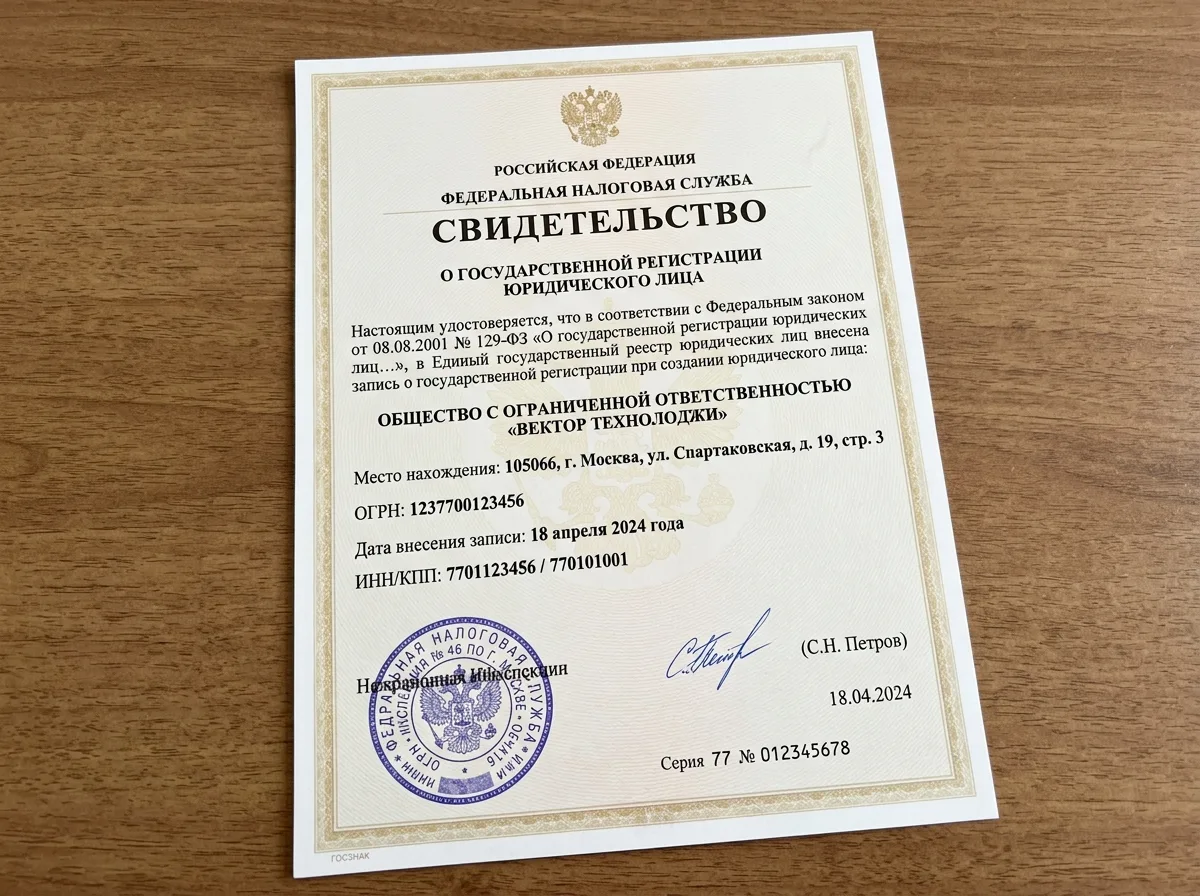 Свидетельство о государственной регистрации юридического лица ООО, документ с печатью налоговой инспекции, официальный бланк