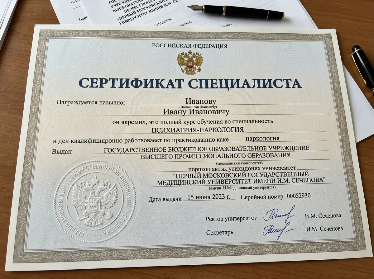 Сертификат специалиста врача-нарколога государственного образца, документ с гербовой печатью медицинского университета