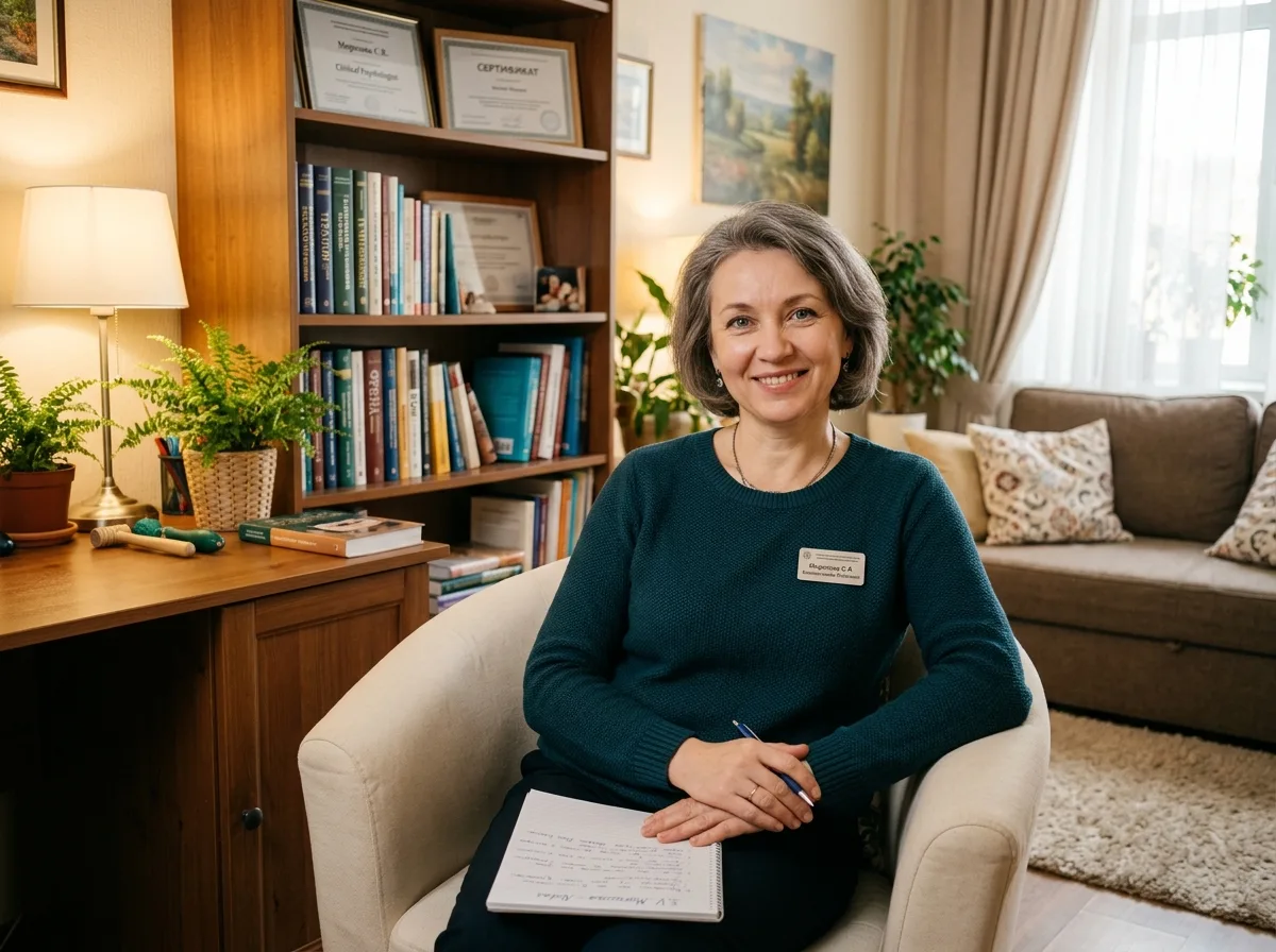 Морозова Светлана Викторовна, клинический психолог женщина, доброжелательный портрет в уютном кабинете, спокойная и внимательная атмосфера